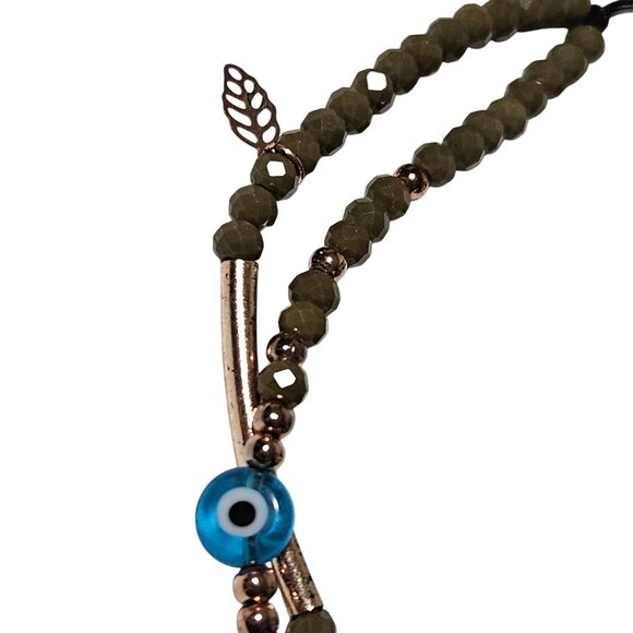 Handcrafted Blue Evil Eye Leaf Charm Olive Beaded Bracelet Protection Spiritual - Picture 2 of 4